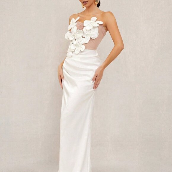 White Party Women's Flower Decor Strapless Mermaid Dress - Picture 7 of 7